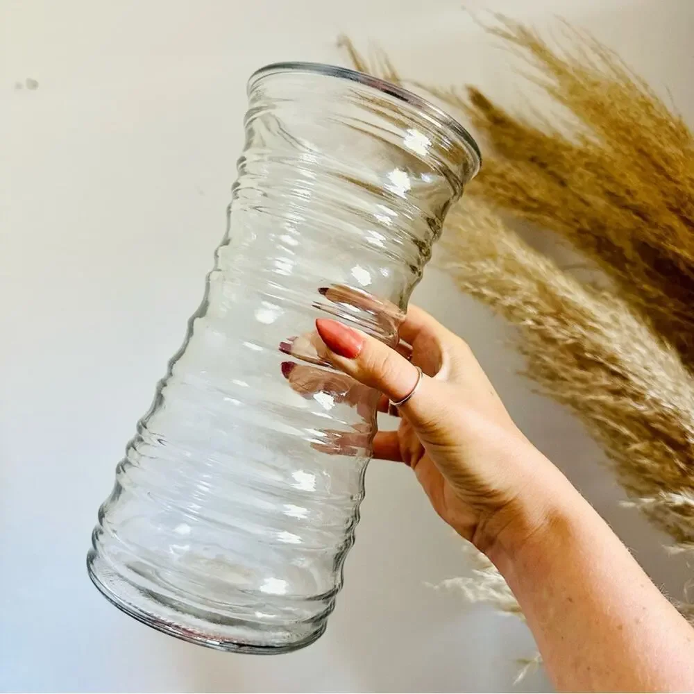 VINTAGE Clear Glass Strip Floral Flower Tall Vase Kitchen Gadget Storage Display